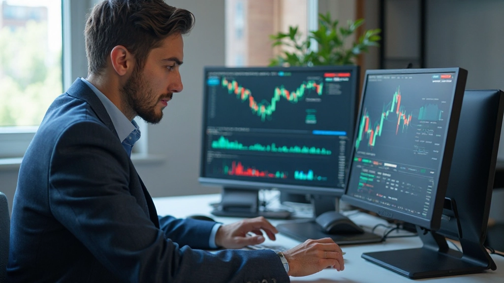 Аналитик изучает данные рынка на компьютере в офисе