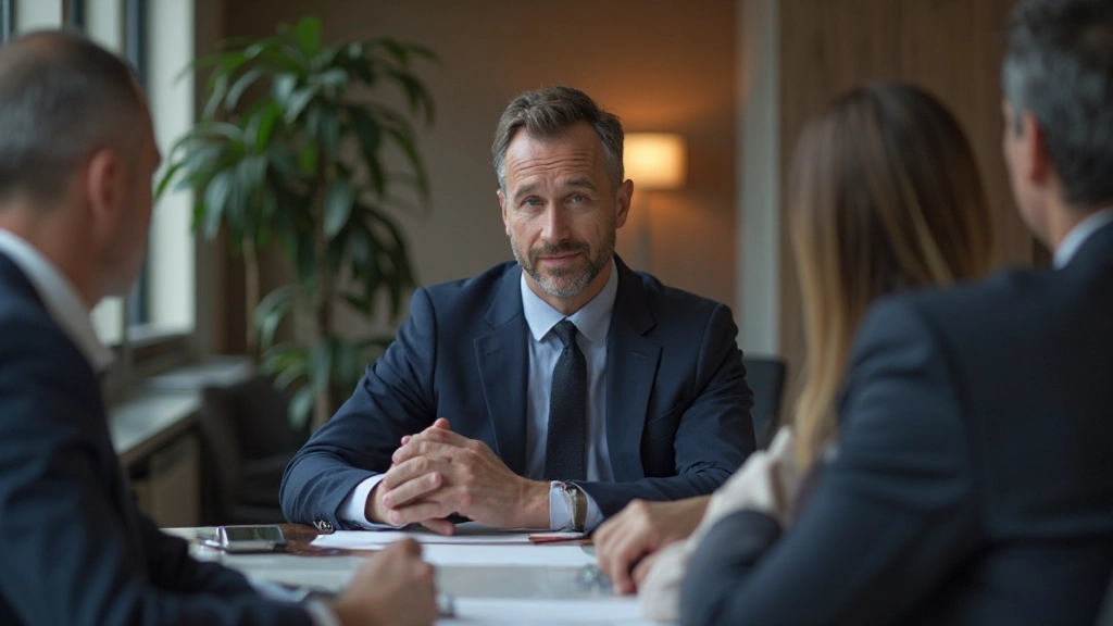 Деловая встреча, где финансовый консультант объясняет инвестиционную стратегию клиентам