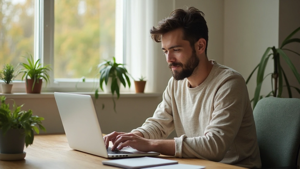 Фрилансер работает на ноутбуке из домашнего офиса