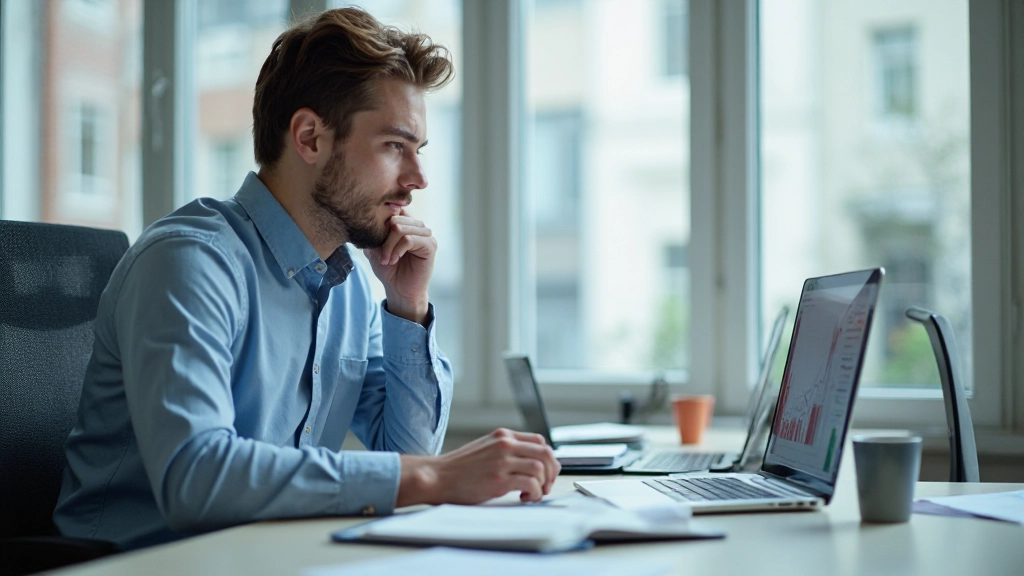 Аналитик изучает данные рынка на ноутбуке, графики и диаграммы спроса, рабочий стол с документами