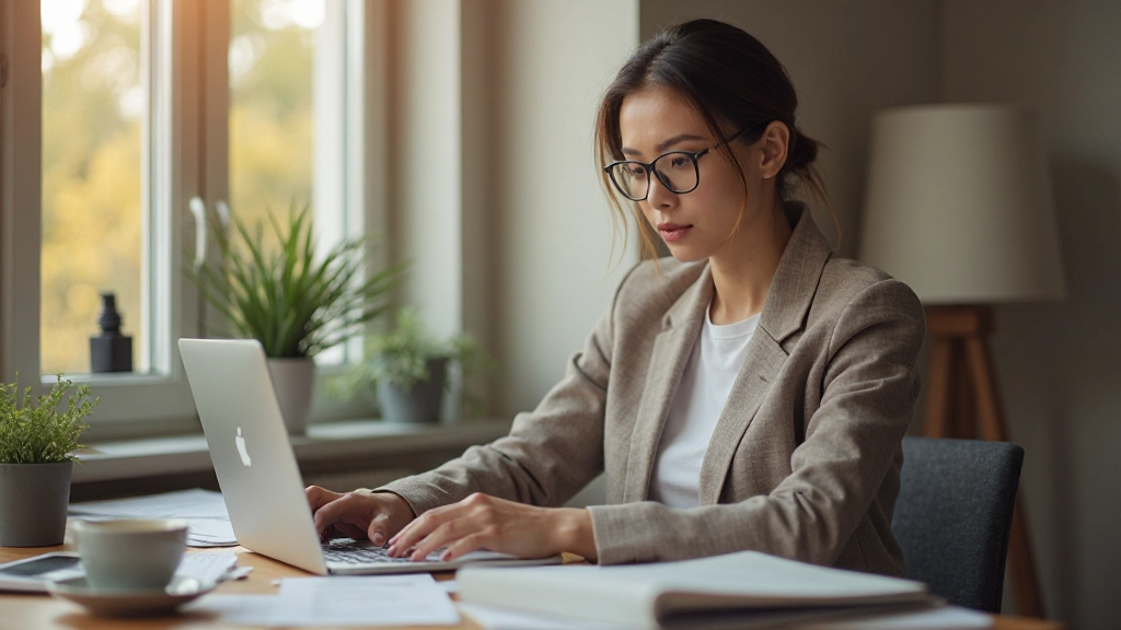 Профессионал работает удаленно на ноутбуке с документами и кофе на столе