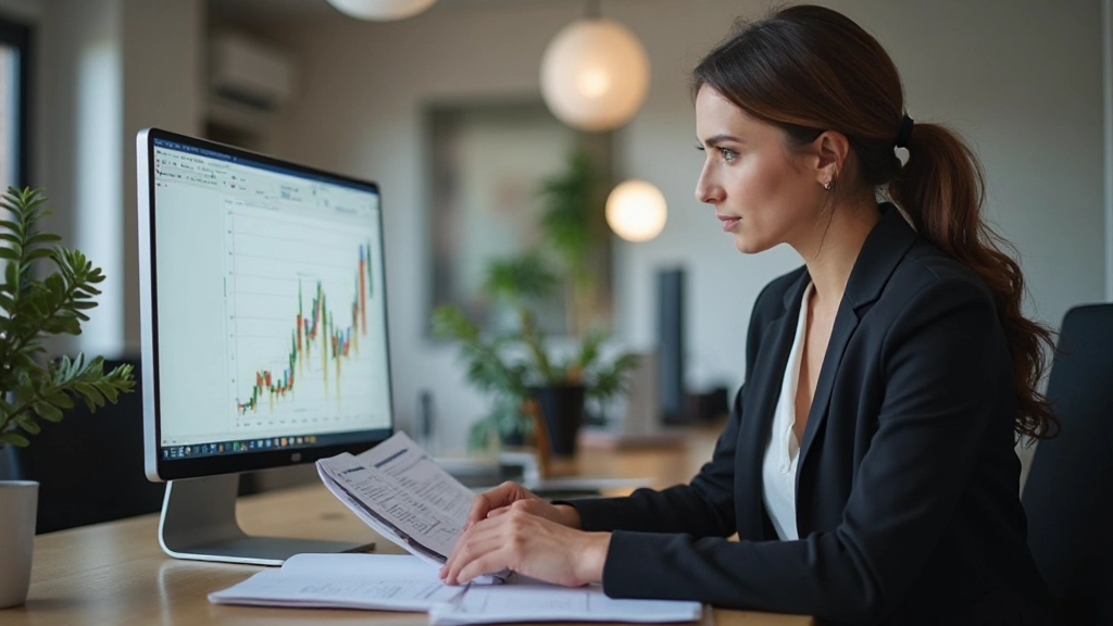 Предприниматель анализирует рост бизнеса на экране компьютера с графиками и диаграммами